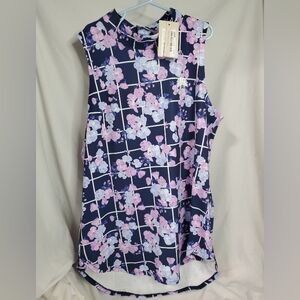 NEW PETER MILLAR Sleeveless Mock Neck Polo Women SMALL Blue Purple Floral Button